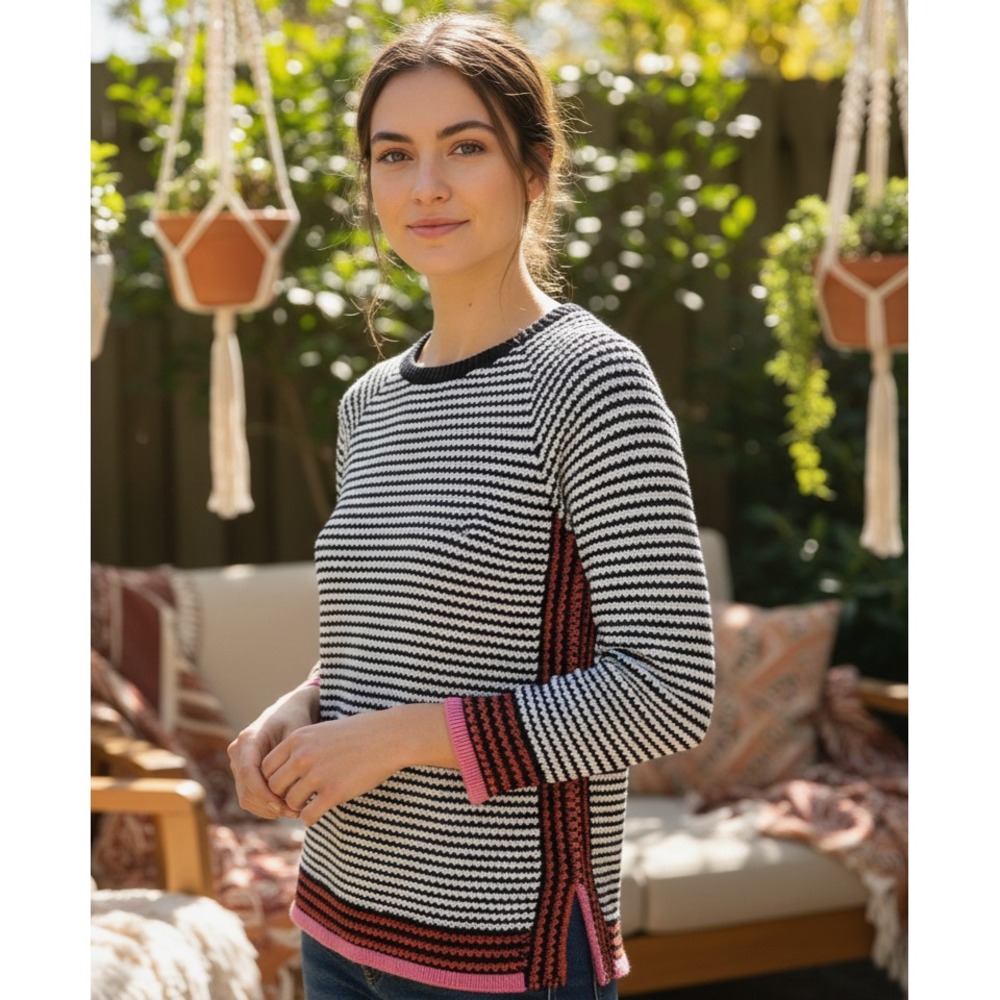 Loft Sweater Black White PInk Stripe Petite Casual Boho Cotton‎ Office Sz PS